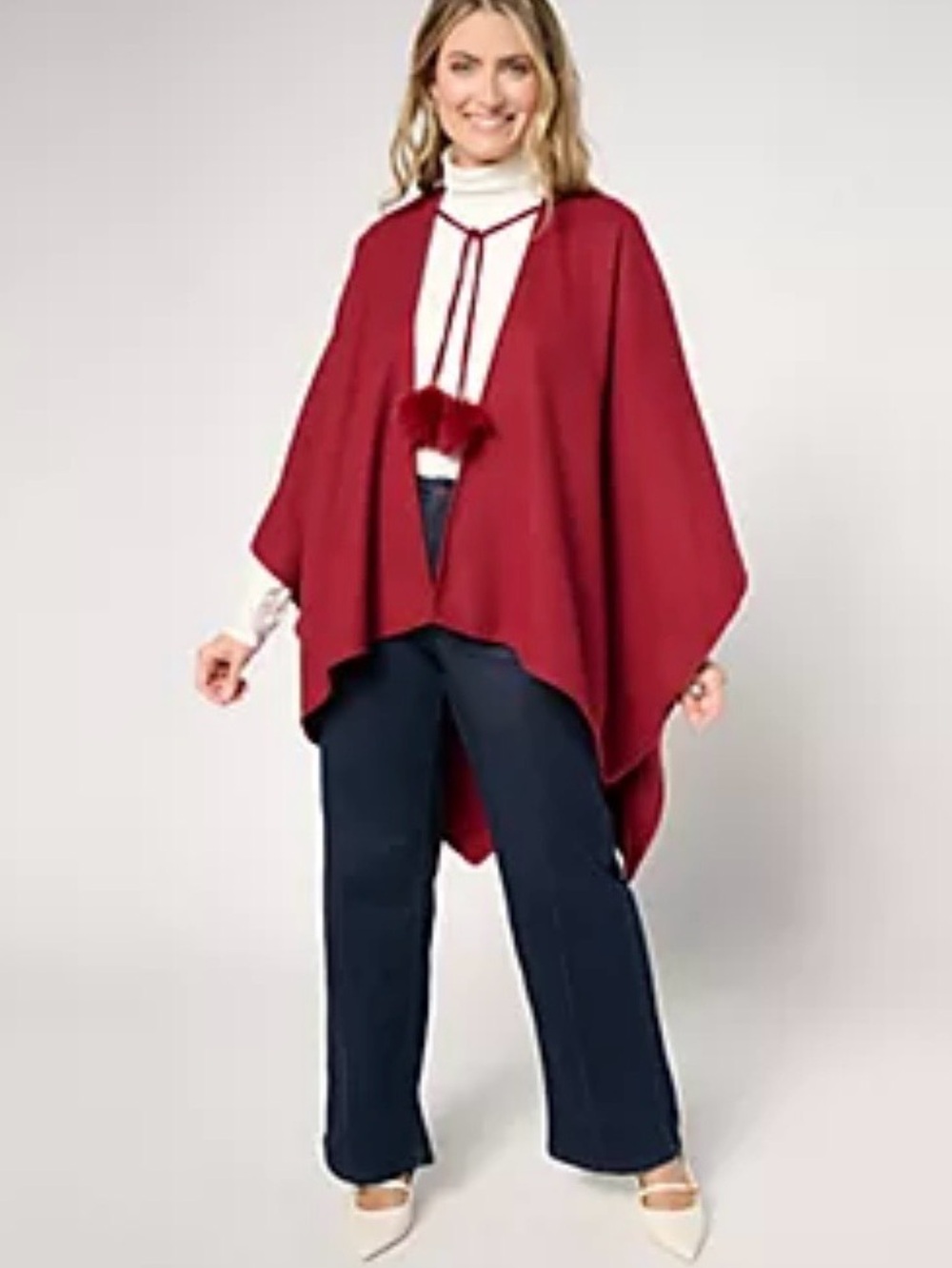Belle by Kim Gravel Red Poncho Sweater with Pom Tie new